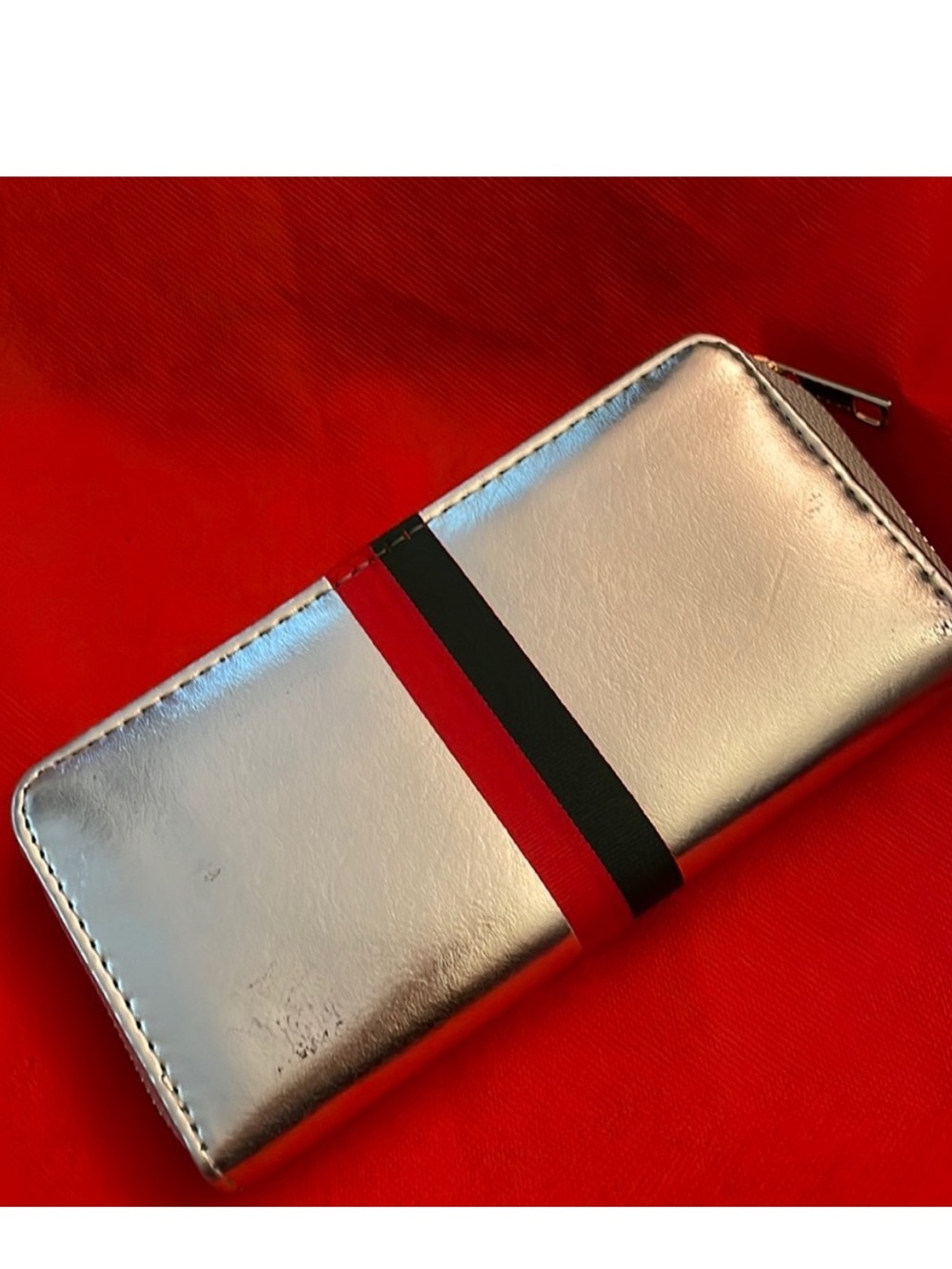 Silver Metallic Zip Wallet with Red and green stripe accent